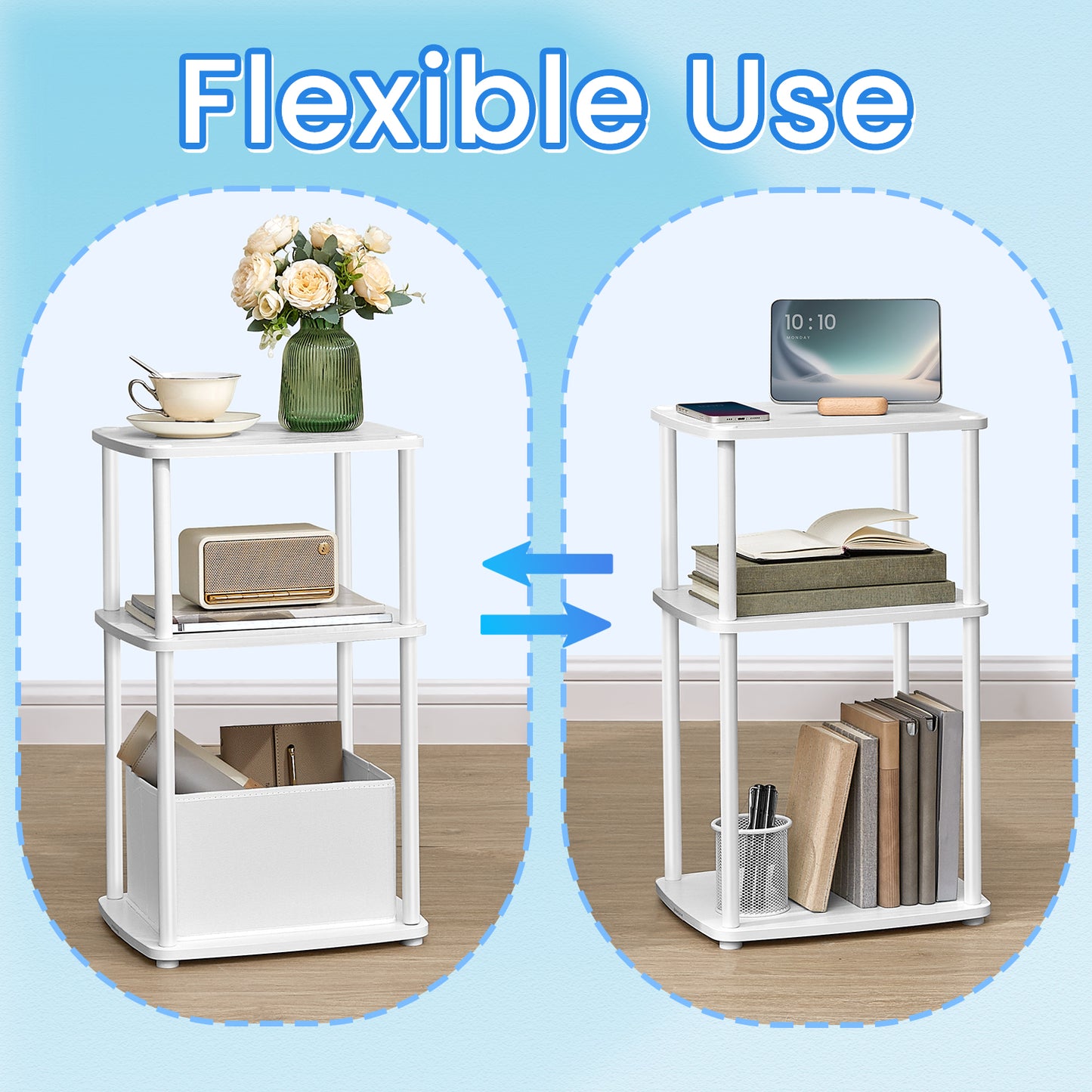 3-Tier Storage End Table with Fabric Basket, Tool-Free Assembly Nightstand for Bedroom & Living Room, Space-Saving Modern Design, White