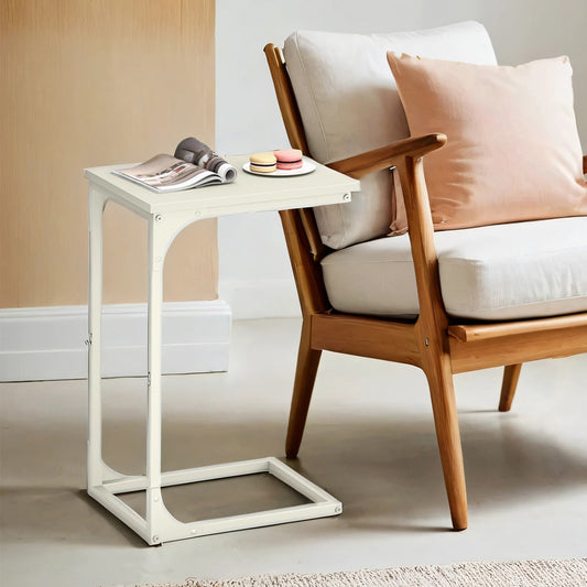 C-Shaped End Table - Space-Saving Sofa Side Table with Metal Frame, Multi-Functional Bedside Table for Small Spaces, Cream White