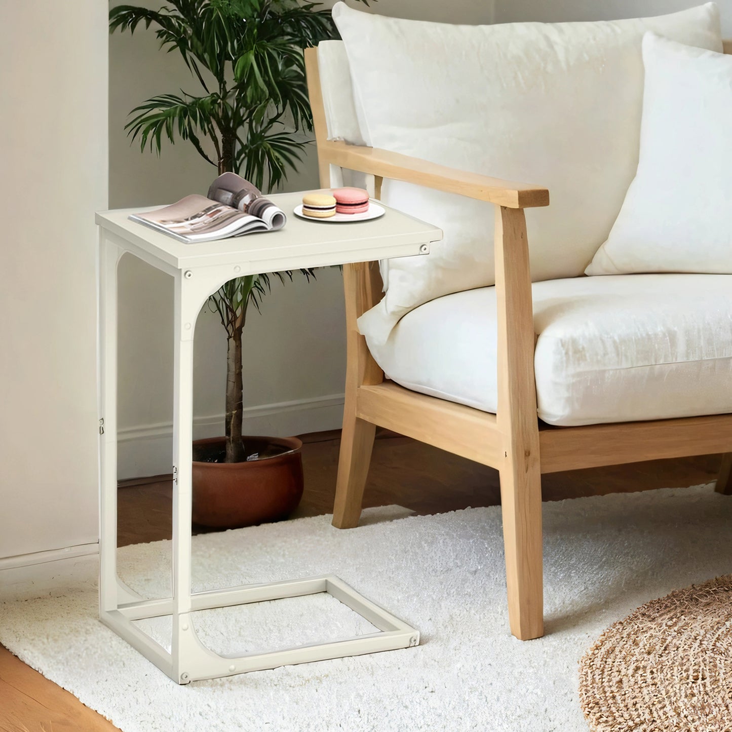 C-Shaped End Table - Space-Saving Sofa Side Table with Metal Frame, Multi-Functional Bedside Table for Small Spaces, Cream White