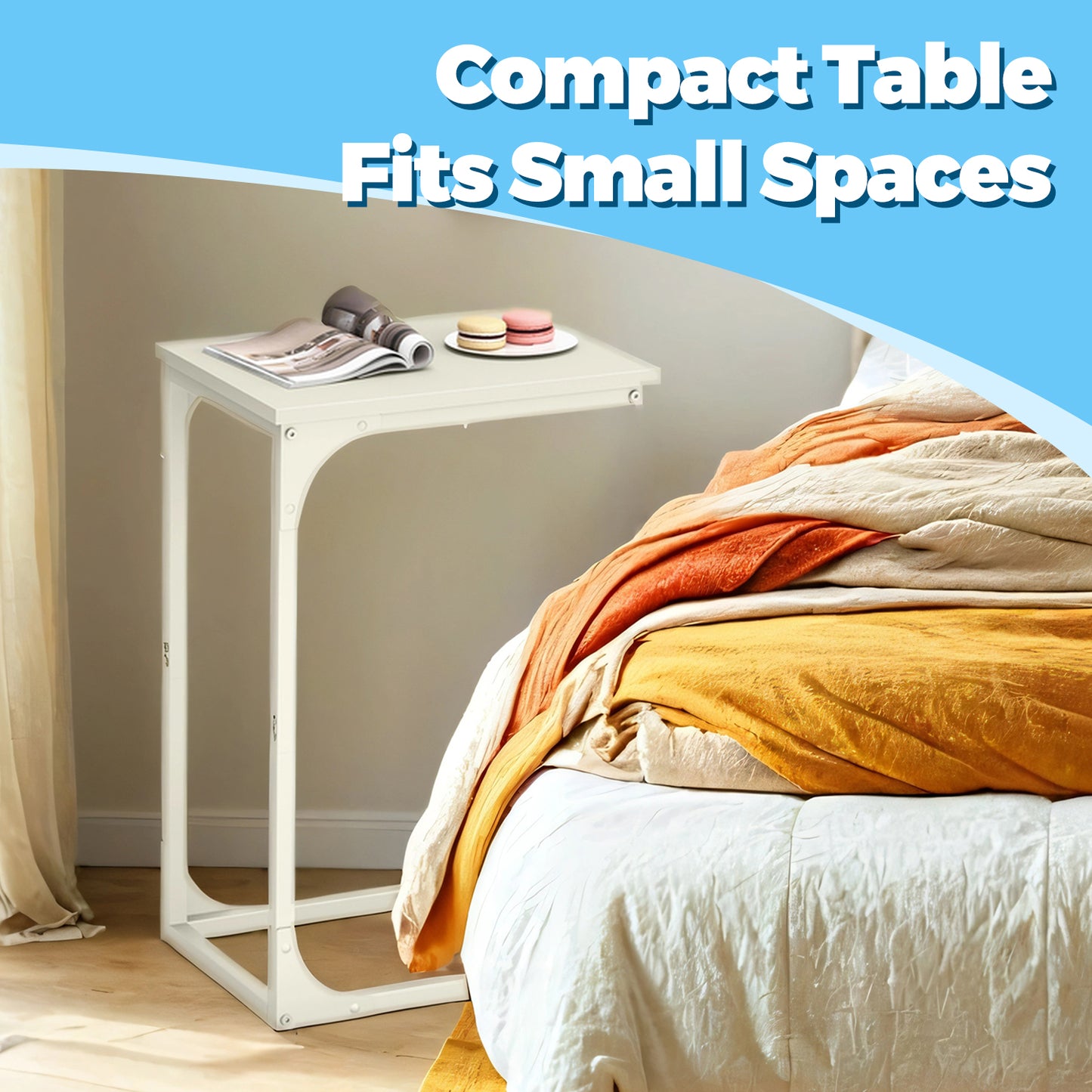 C-Shaped End Table - Space-Saving Sofa Side Table with Metal Frame, Multi-Functional Bedside Table for Small Spaces, Cream White