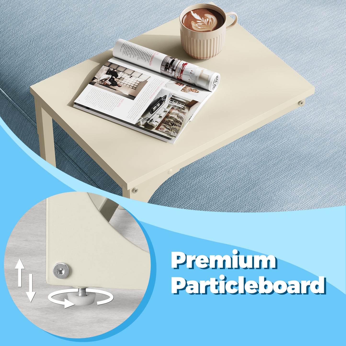 C-Shaped End Table - Space-Saving Sofa Side Table with Metal Frame, Multi-Functional Bedside Table for Small Spaces, Cream White