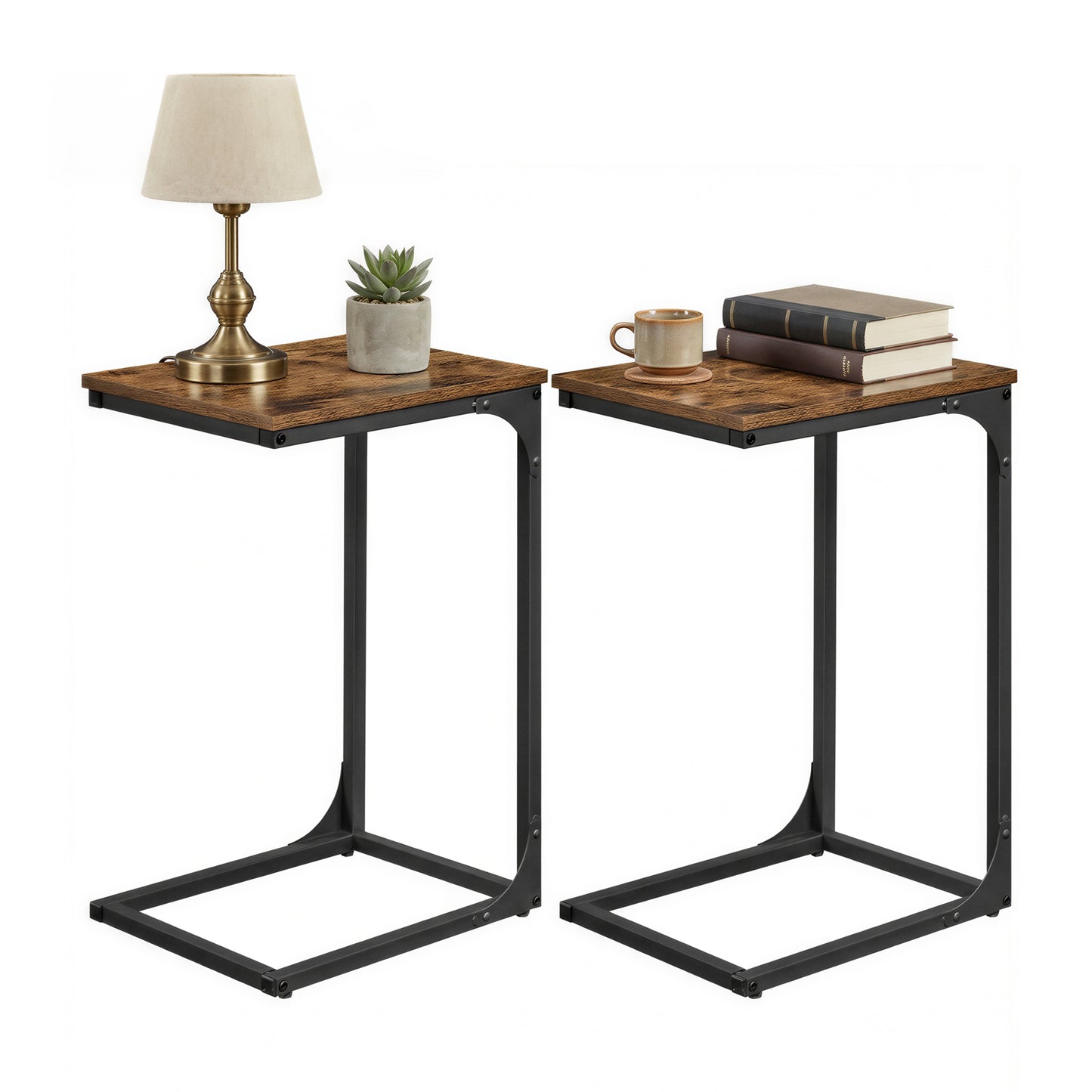 Set of 2 C-Shaped End Tables, Slim Side Tables for Couch Sofa with 24.4 Inch Height, Rustic Brown and Black