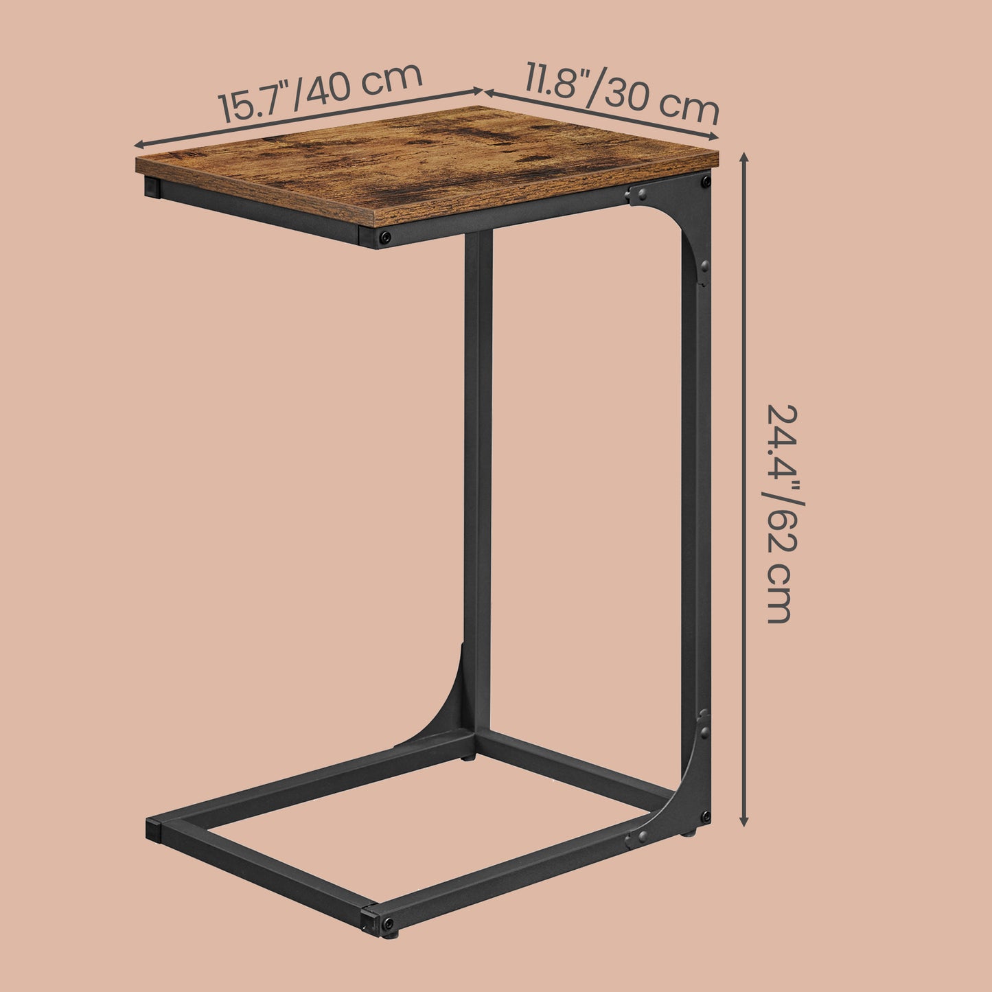 Set of 2 C-Shaped End Tables, Slim Side Tables for Couch Sofa with 24.4 Inch Height, Rustic Brown and Black