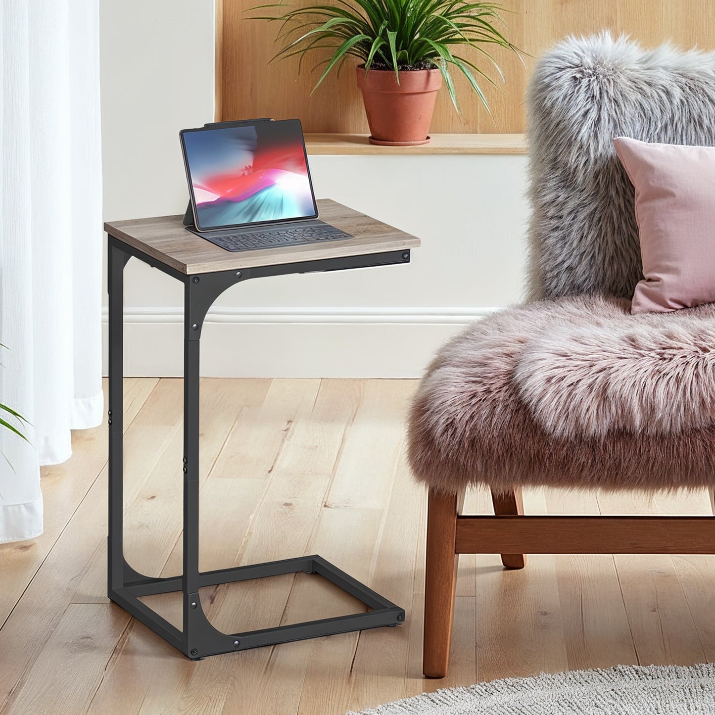 2-Pack C-Shaped End Tables - Slim Sofa Side Tables, 24.4" Height, Sturdy Metal Frame, Greige and Black