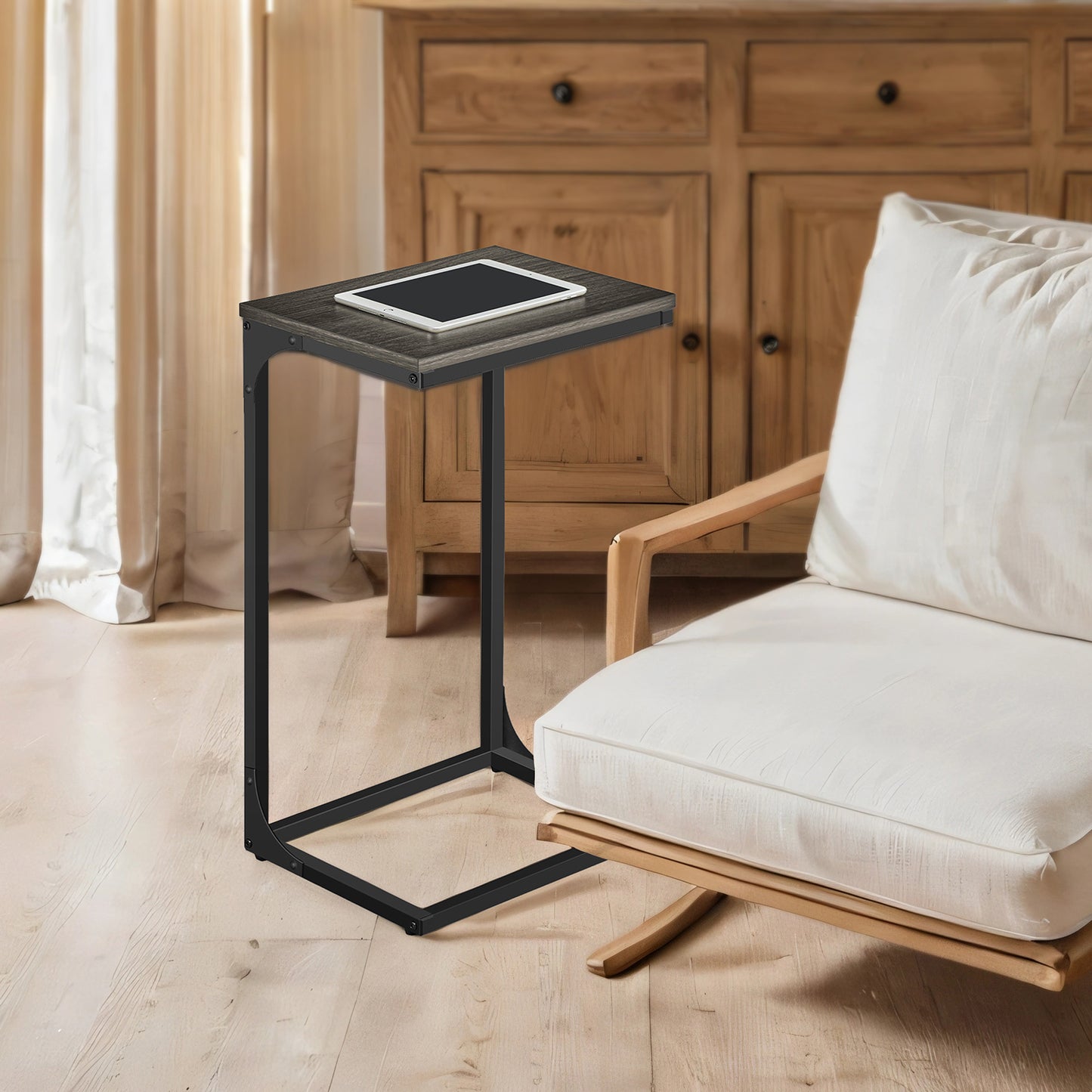C-Shaped End Table Set of 2 - Sofa Side Tables with Metal Frame, Space-Saving Design, Ebonized Oak and Black