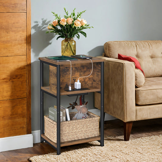 3-Tier Side Table with Charging Station - End Table with 2 Outlets & 2 USB Ports, for Bedroom, Living Room, Rustic Brown and Black