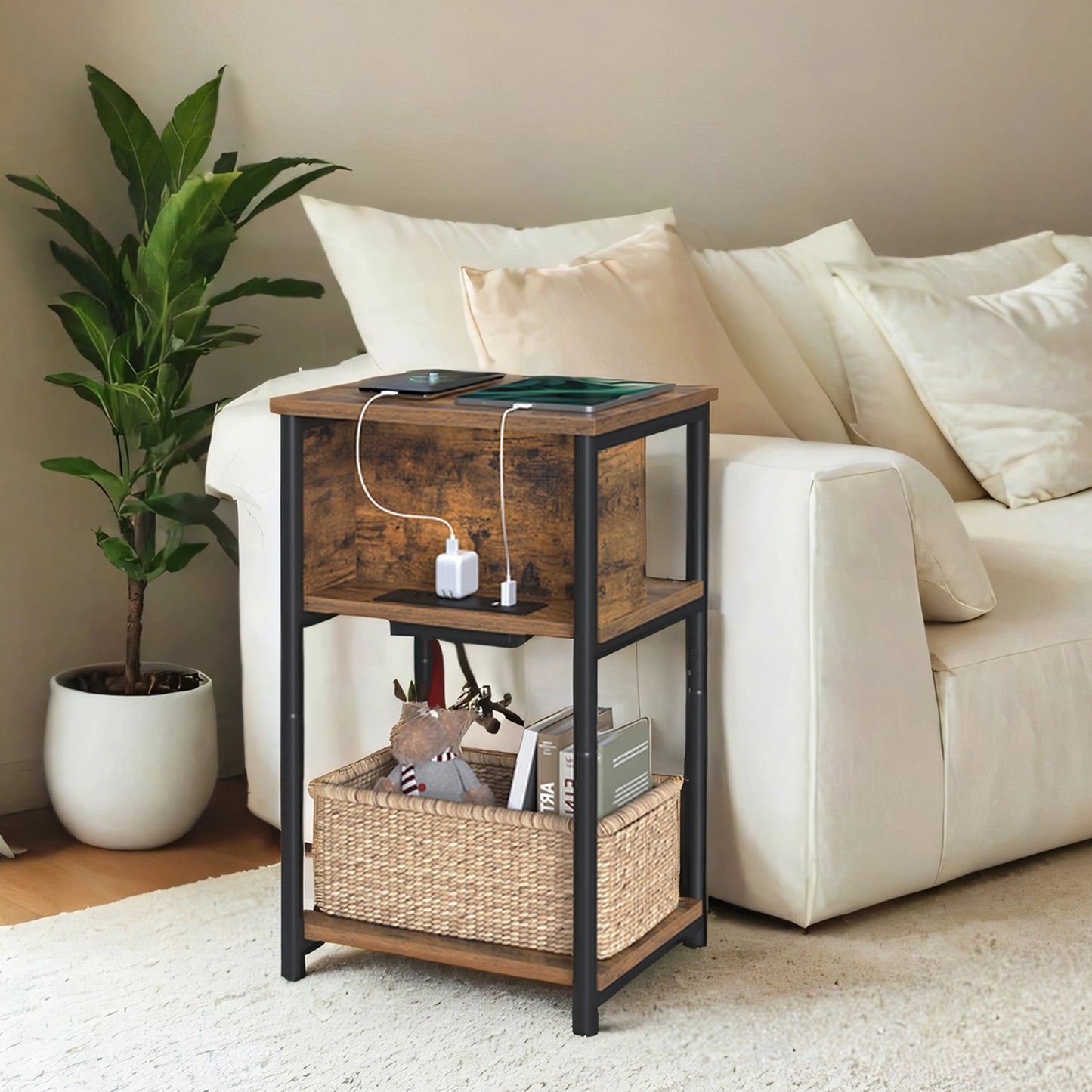 3-Tier Side Table with Charging Station - End Table with 2 Outlets & 2 USB Ports, for Bedroom, Living Room, Rustic Brown and Black