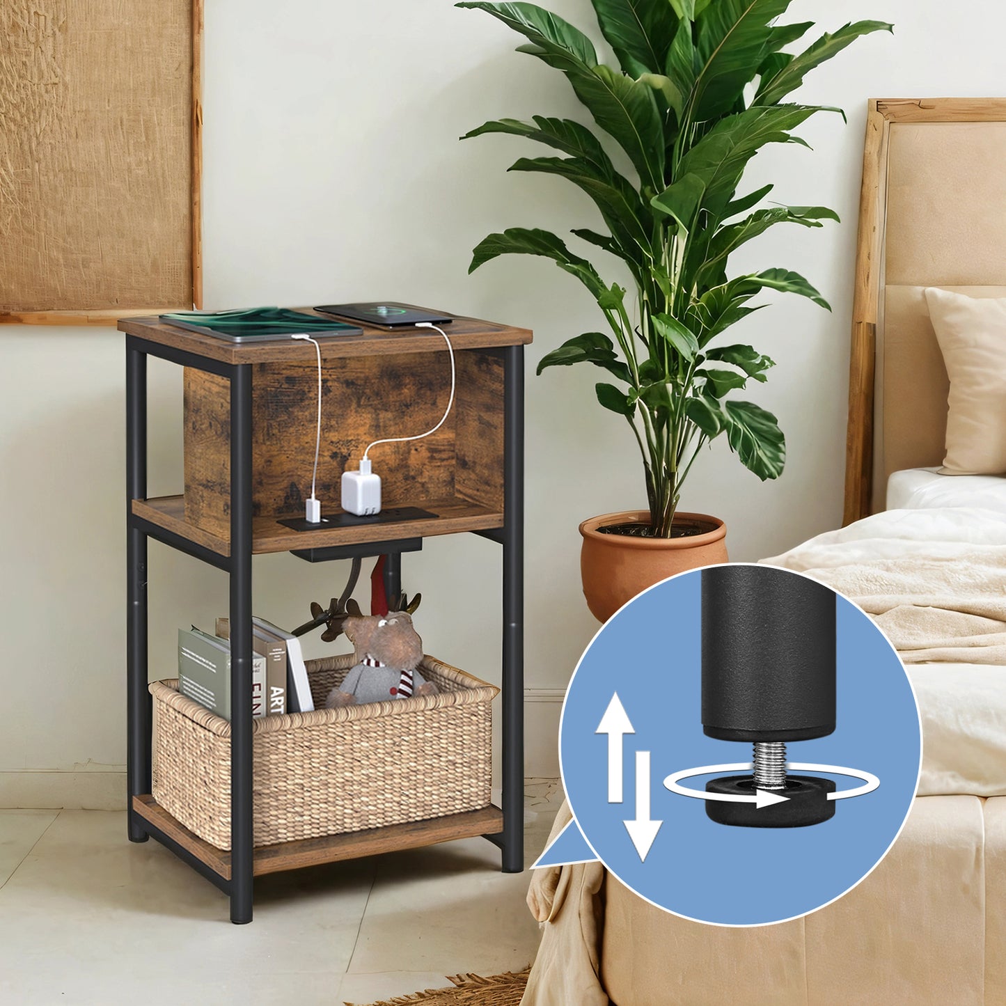 3-Tier Side Table with Charging Station - End Table with 2 Outlets & 2 USB Ports, for Bedroom, Living Room, Rustic Brown and Black