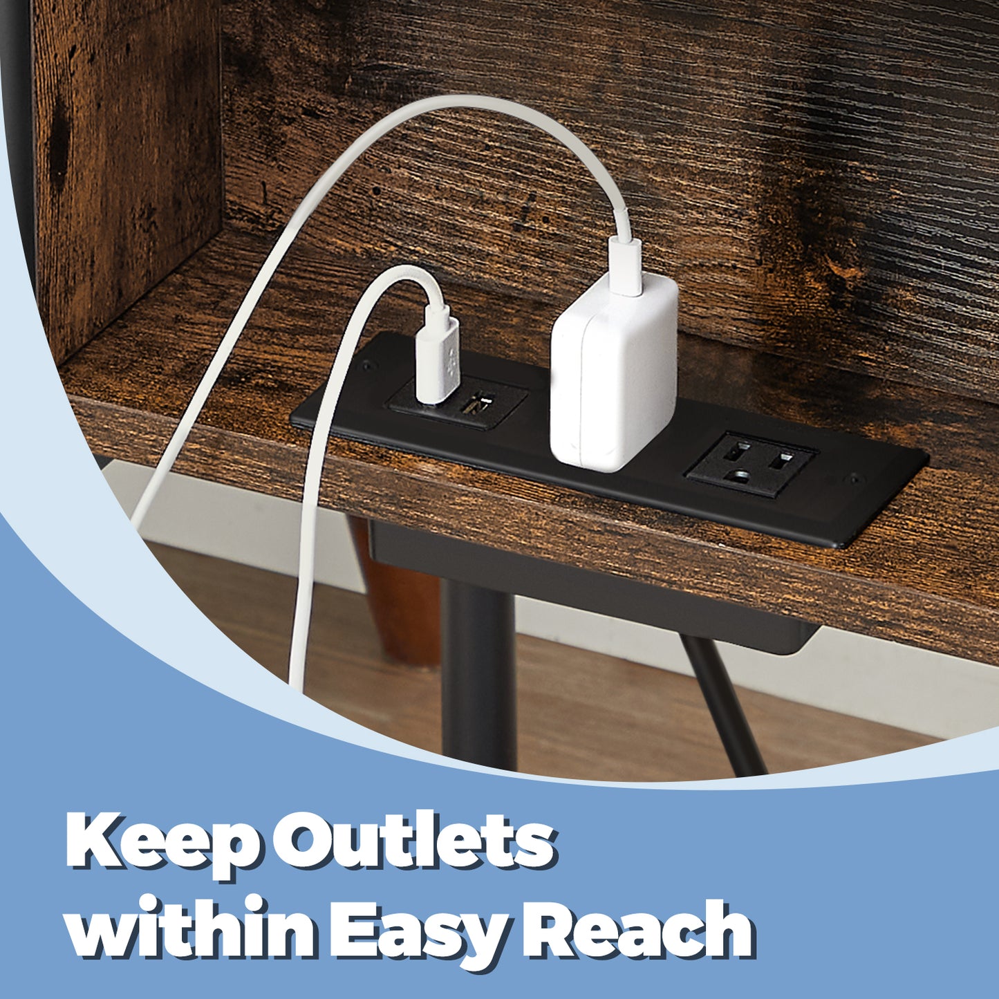 3-Tier Side Table with Charging Station - End Table with 2 Outlets & 2 USB Ports, for Bedroom, Living Room, Rustic Brown and Black