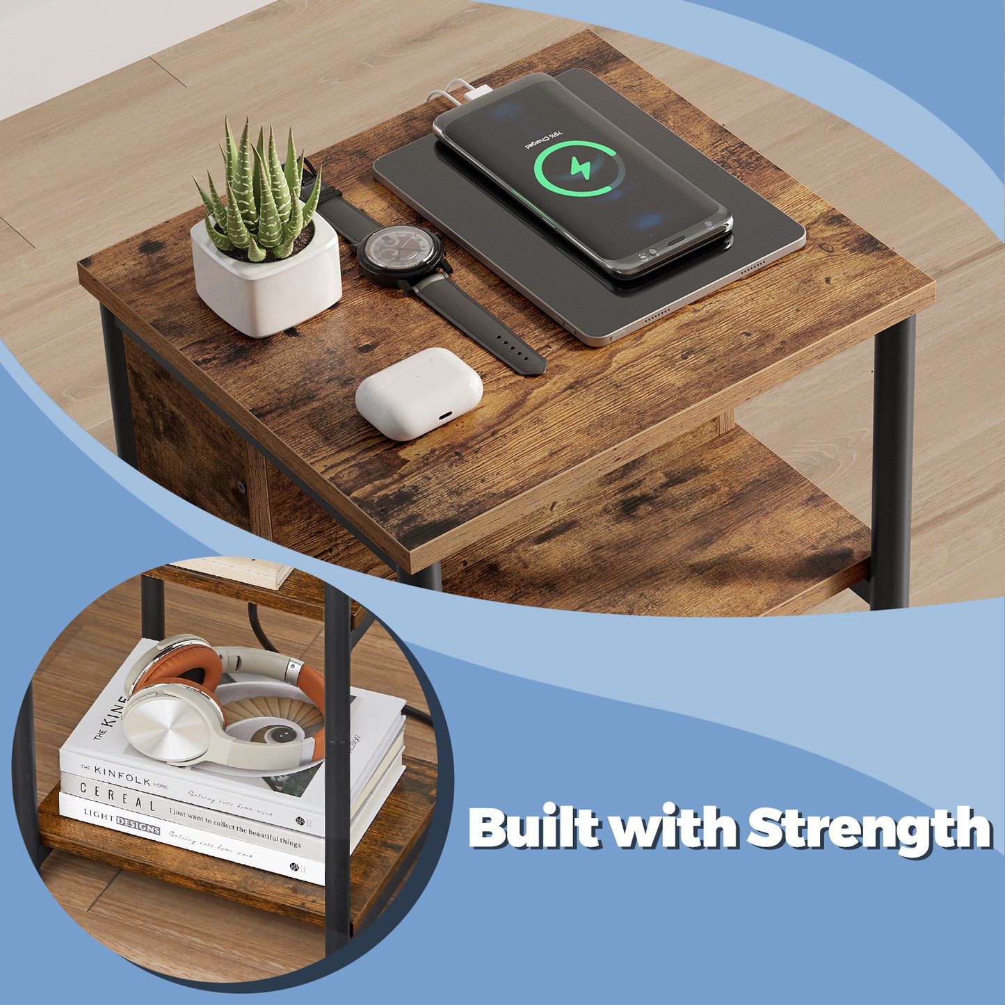 3-Tier Side Table with Charging Station - End Table with 2 Outlets & 2 USB Ports, for Bedroom, Living Room, Rustic Brown and Black