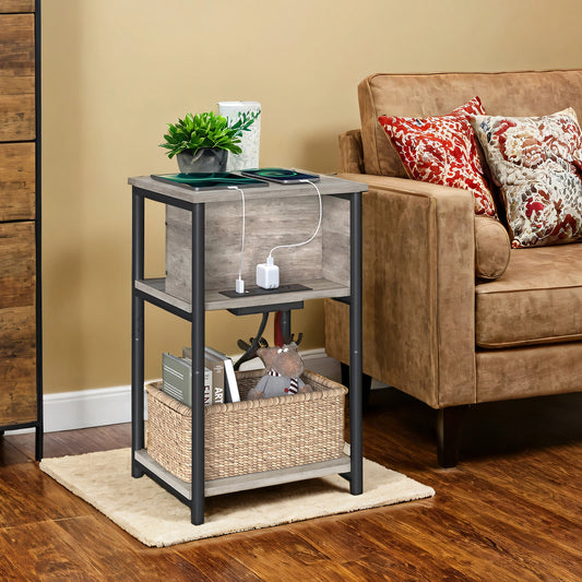 3-Tier Charging Side Table - End Table with 2 Outlets & 2 USB Ports, Space-Saving Nightstand in Greige and Black