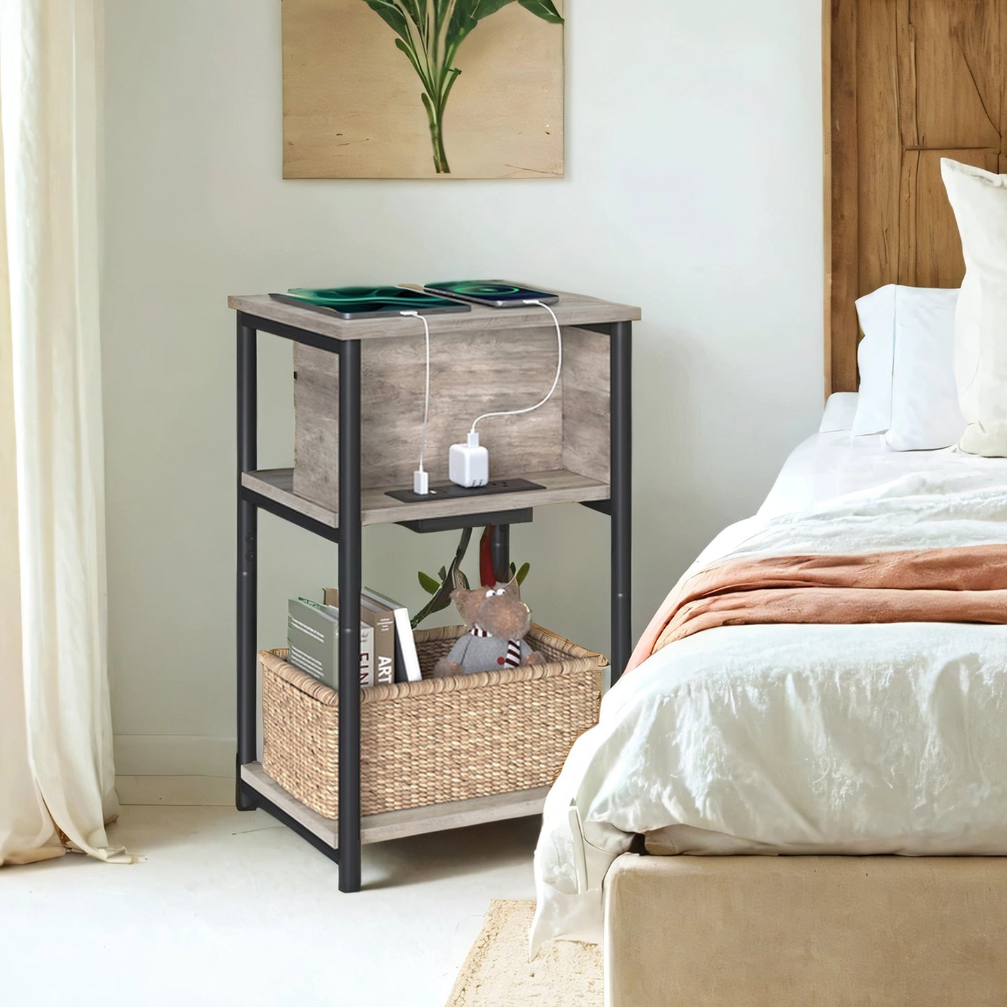 3-Tier Charging Side Table - End Table with 2 Outlets & 2 USB Ports, Space-Saving Nightstand in Greige and Black