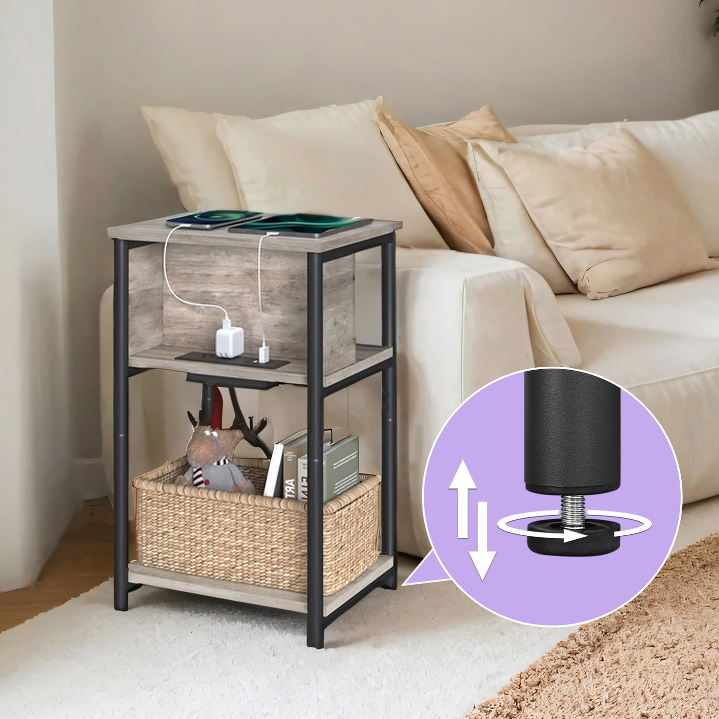 3-Tier Charging Side Table - End Table with 2 Outlets & 2 USB Ports, Space-Saving Nightstand in Greige and Black