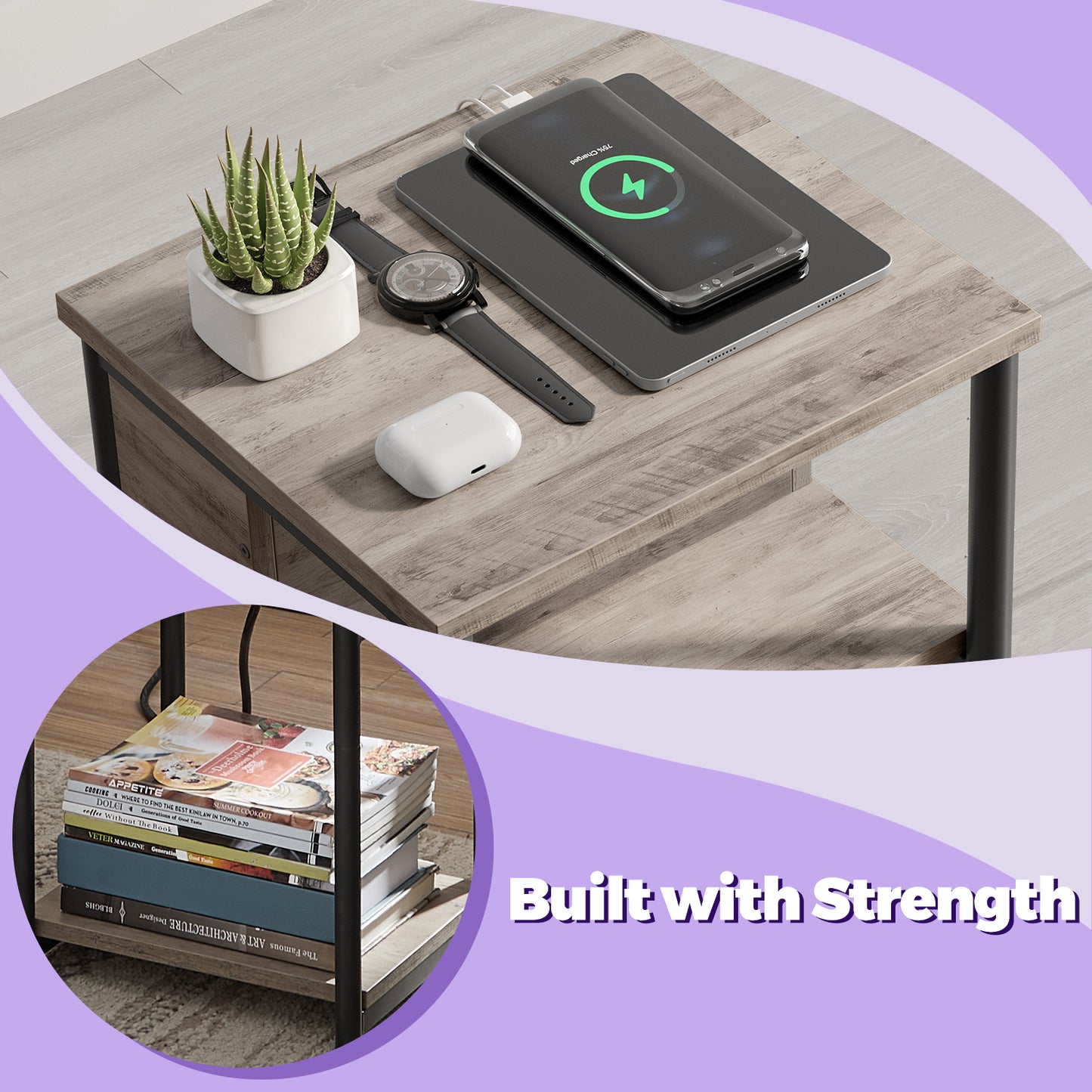 3-Tier Charging Side Table - End Table with 2 Outlets & 2 USB Ports, Space-Saving Nightstand in Greige and Black
