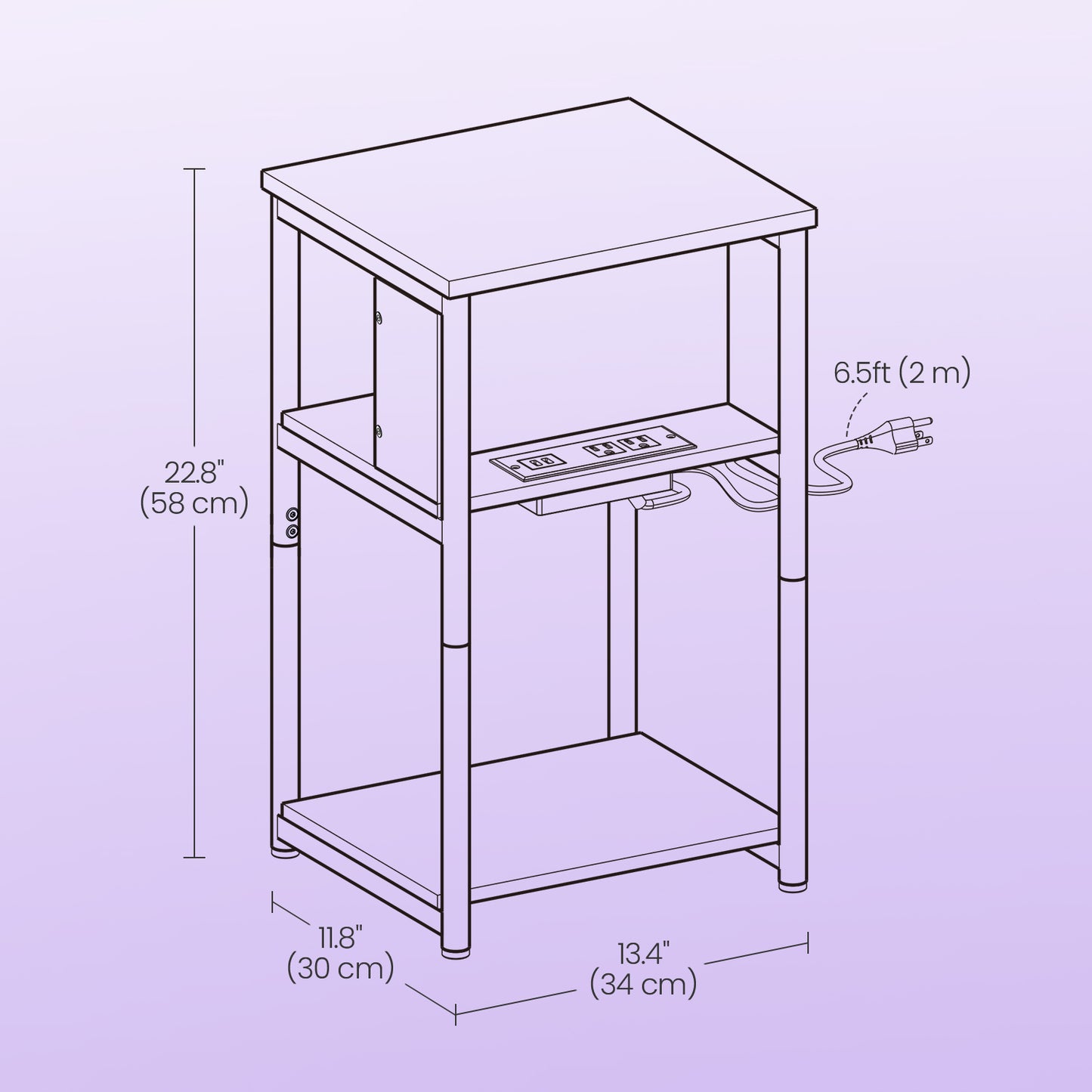 3-Tier Charging Side Table - End Table with 2 Outlets & 2 USB Ports, Space-Saving Nightstand in Greige and Black