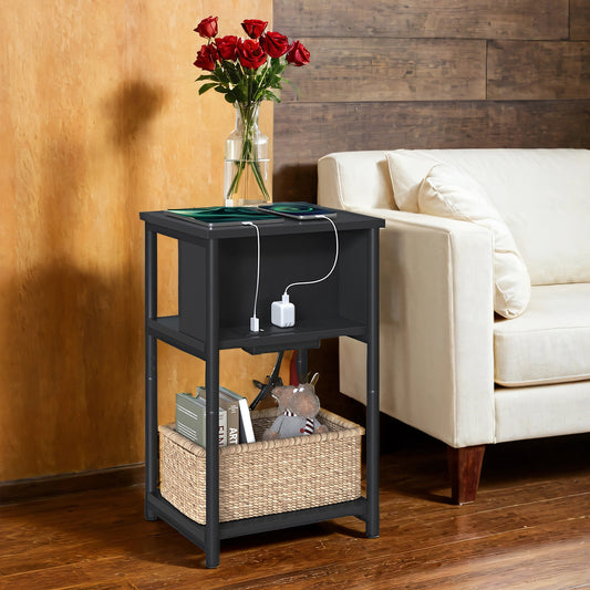 3-Tier Charging Side Table - End Table with 2 Outlets & 2 USB Ports, Space-Saving Nightstand for Bedroom & Living Room, Black
