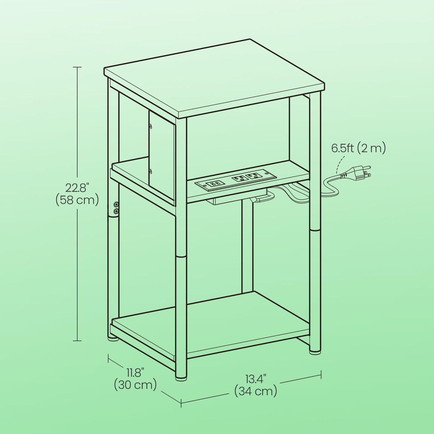 3-Tier Charging Side Table - End Table with 2 Outlets & 2 USB Ports, Space-Saving Nightstand for Bedroom & Living Room, Black