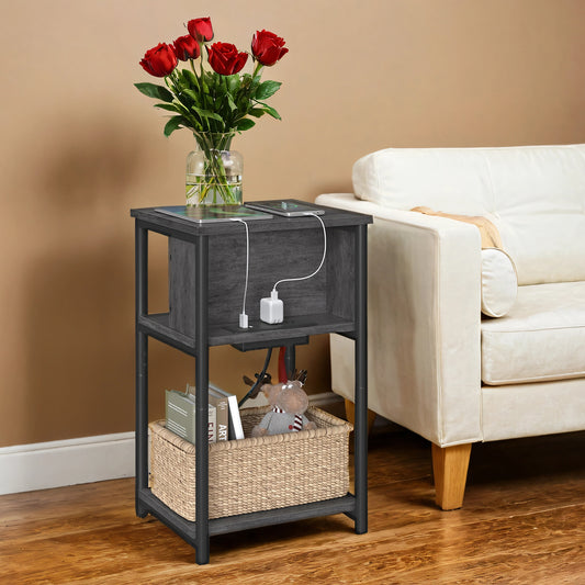 3-Tier Charging Side Table - End Table with 2 Outlets & 2 USB Ports, Space-Saving Nightstand in Misty Gray and Black
