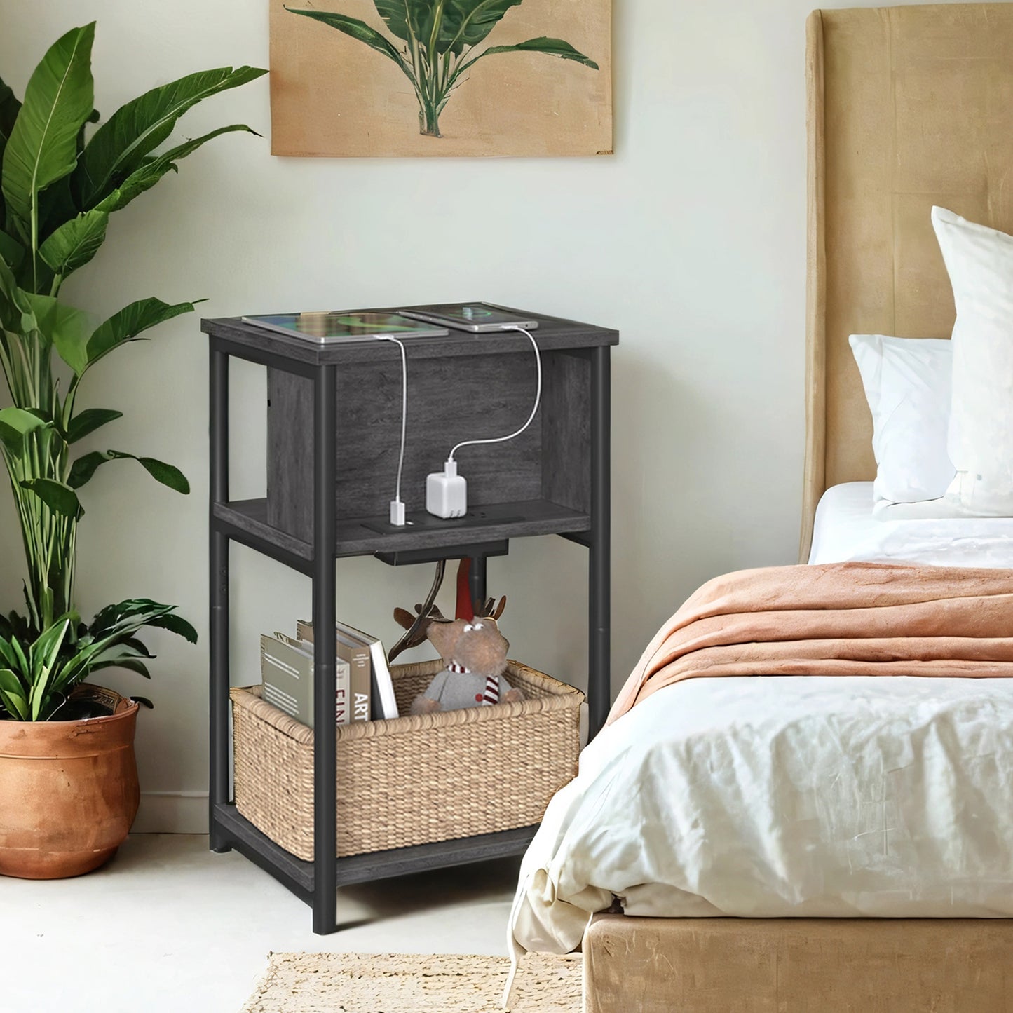 3-Tier Charging Side Table - End Table with 2 Outlets & 2 USB Ports, Space-Saving Nightstand in Misty Gray and Black