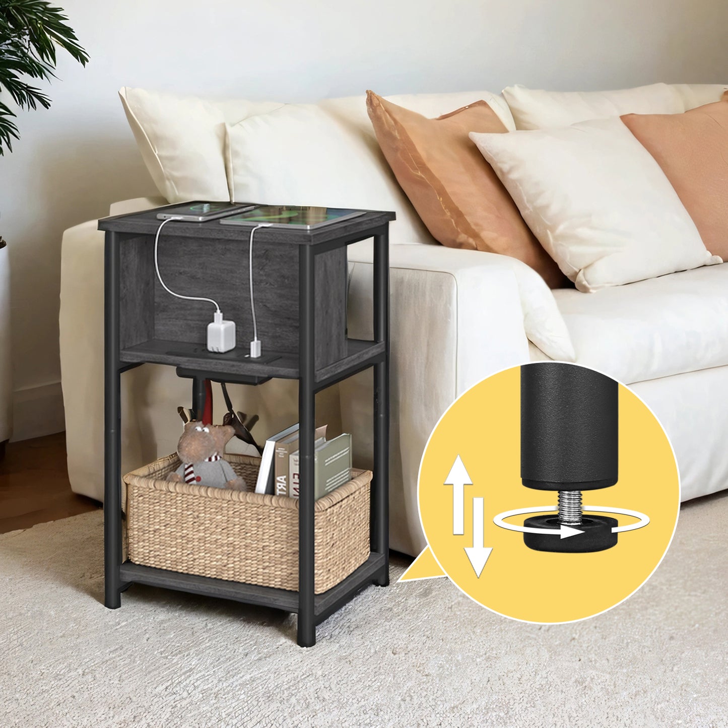 3-Tier Charging Side Table - End Table with 2 Outlets & 2 USB Ports, Space-Saving Nightstand in Misty Gray and Black