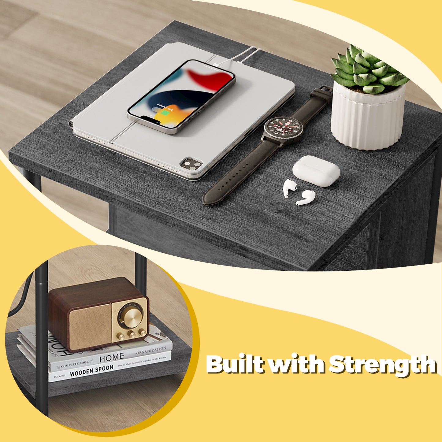3-Tier Charging Side Table - End Table with 2 Outlets & 2 USB Ports, Space-Saving Nightstand in Misty Gray and Black