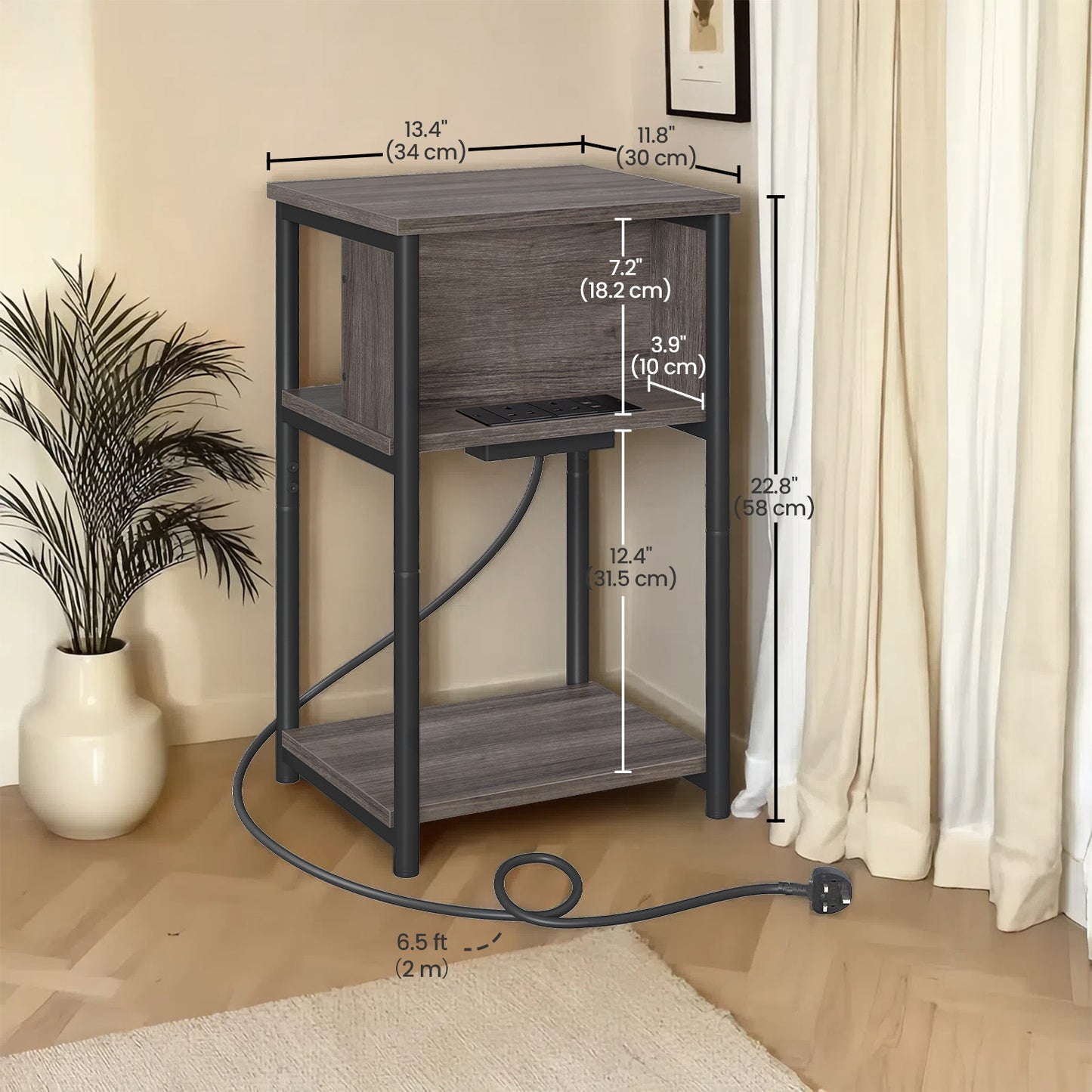 3-Tier Charging Side Table - End Table with 2 Outlets & 2 USB Ports, Space-Saving Nightstand in Chestnut Brown and Black