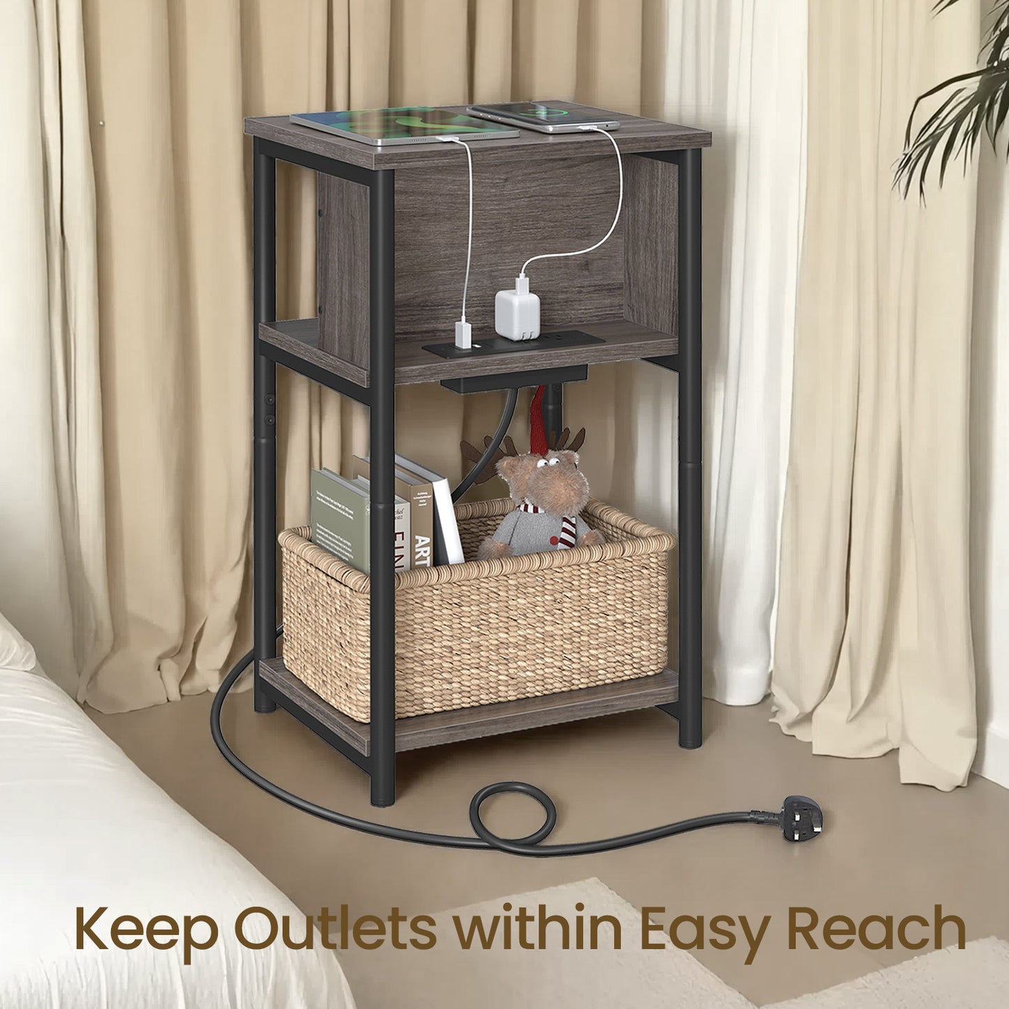 3-Tier Charging Side Table - End Table with 2 Outlets & 2 USB Ports, Space-Saving Nightstand in Chestnut Brown and Black