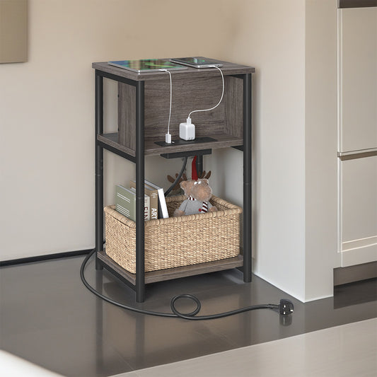 3-Tier Charging Side Table - End Table with 2 Outlets & 2 USB Ports, Space-Saving Nightstand in Chestnut Brown and Black