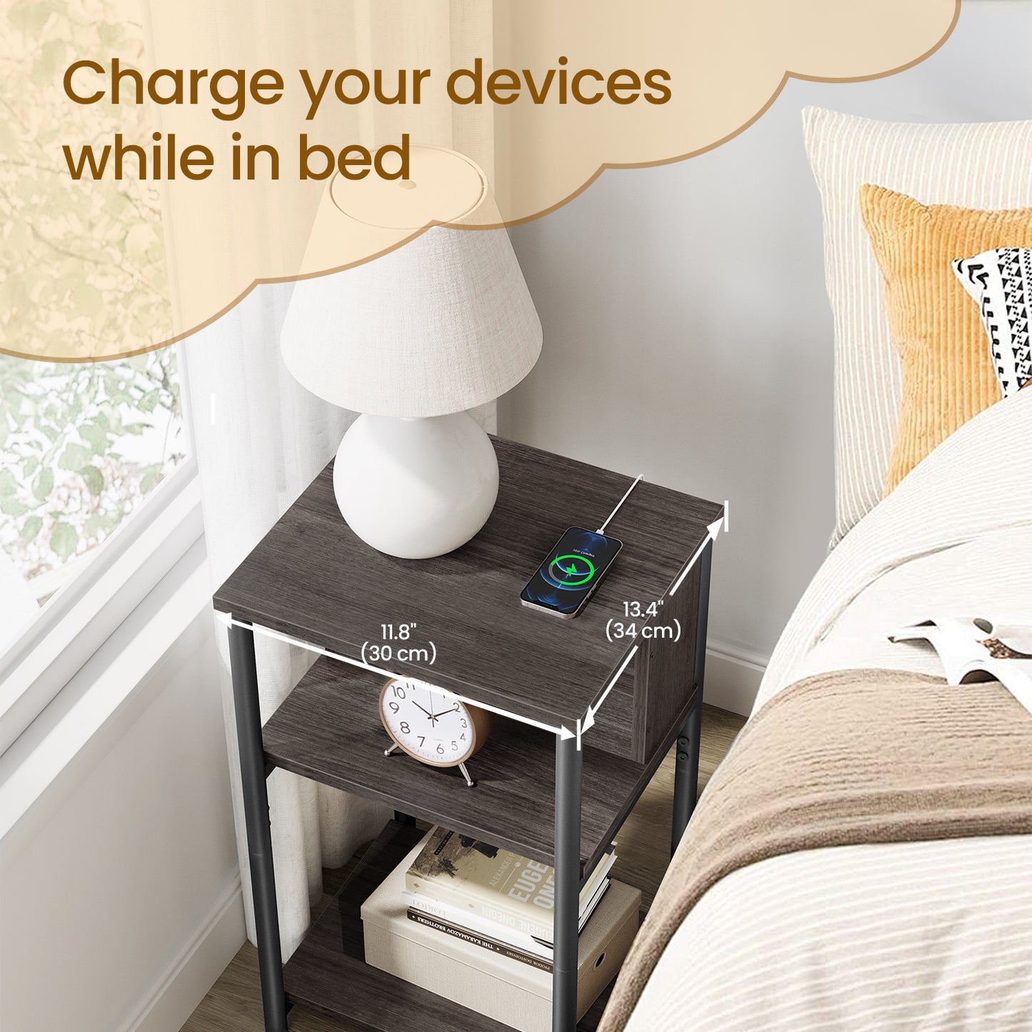 3-Tier Charging Side Table - End Table with 2 Outlets & 2 USB Ports, Space-Saving Nightstand in Chestnut Brown and Black