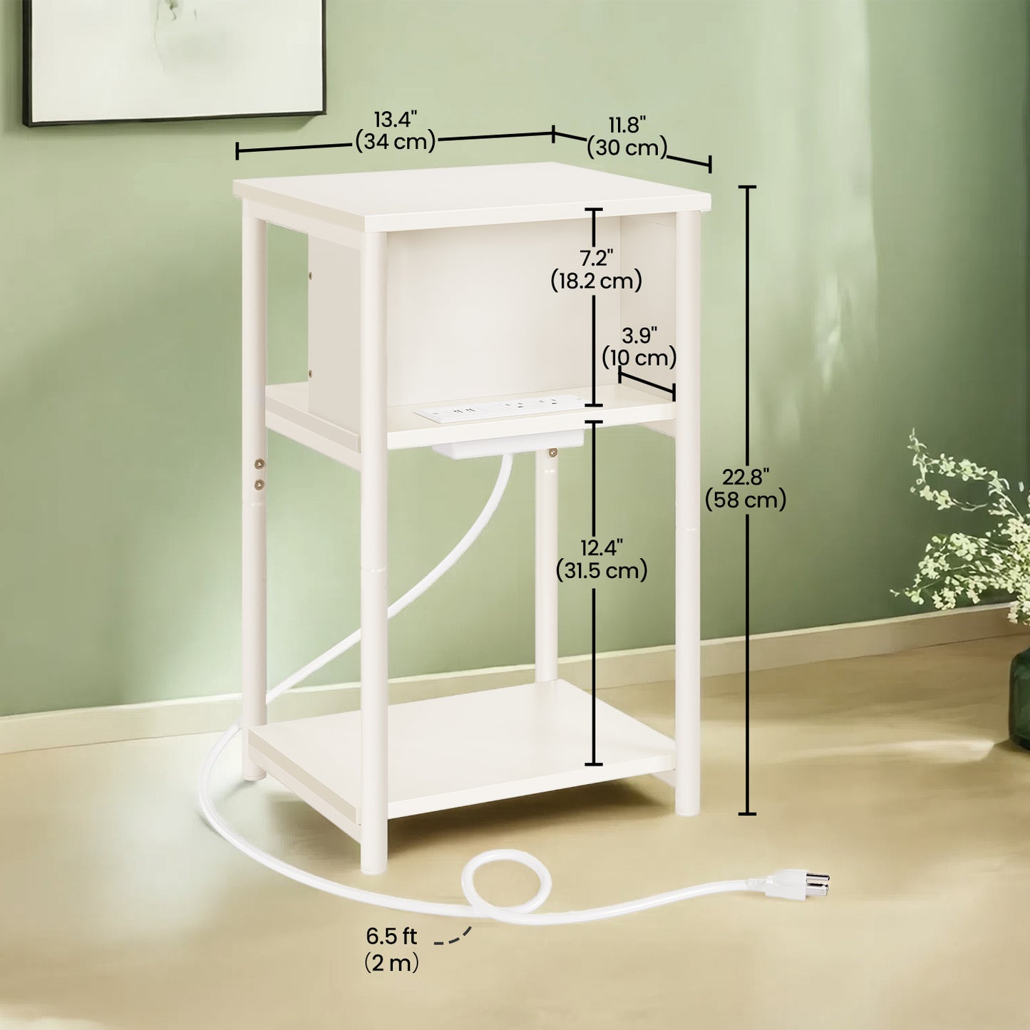 3-Tier Charging Side Table - End Table with 2 Outlets & 2 USB Ports, Space-Saving Nightstand in Cream White