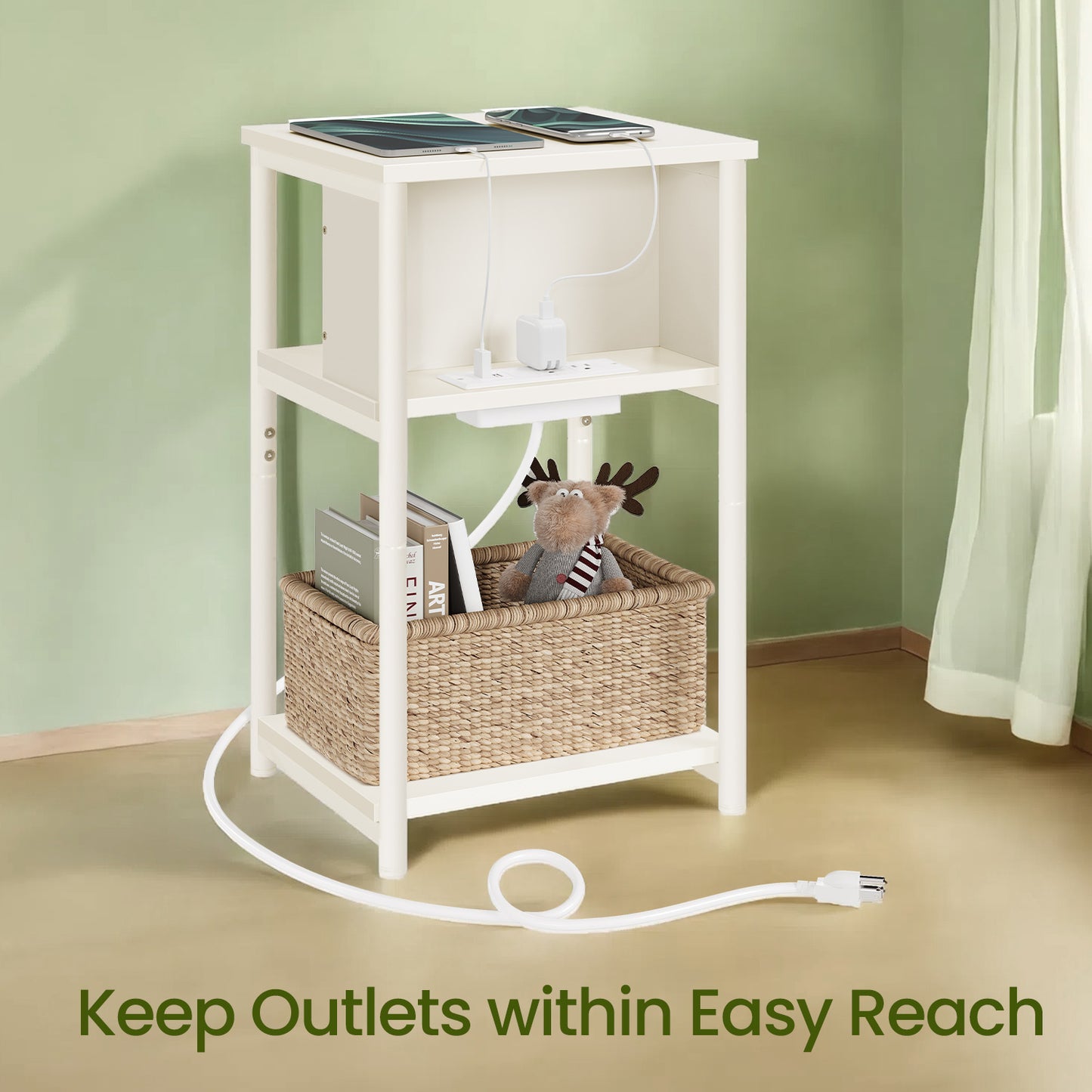 3-Tier Charging Side Table - End Table with 2 Outlets & 2 USB Ports, Space-Saving Nightstand in Cream White