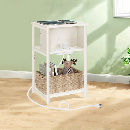 3-Tier Charging Side Table - End Table with 2 Outlets & 2 USB Ports, Space-Saving Nightstand in Cream White