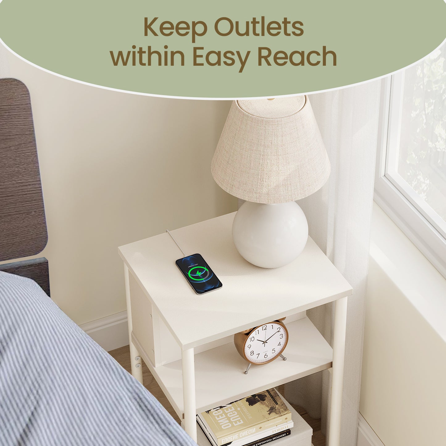 3-Tier Charging Side Table - End Table with 2 Outlets & 2 USB Ports, Space-Saving Nightstand in Cream White