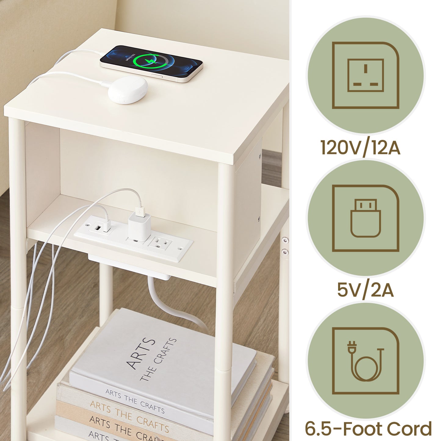3-Tier Charging Side Table - End Table with 2 Outlets & 2 USB Ports, Space-Saving Nightstand in Cream White