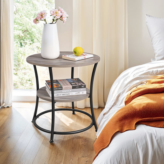 Round Side Table with Storage - 2-Tier Design, Steel Frame, 66lb Capacity, Space-Saving, Greige and Black