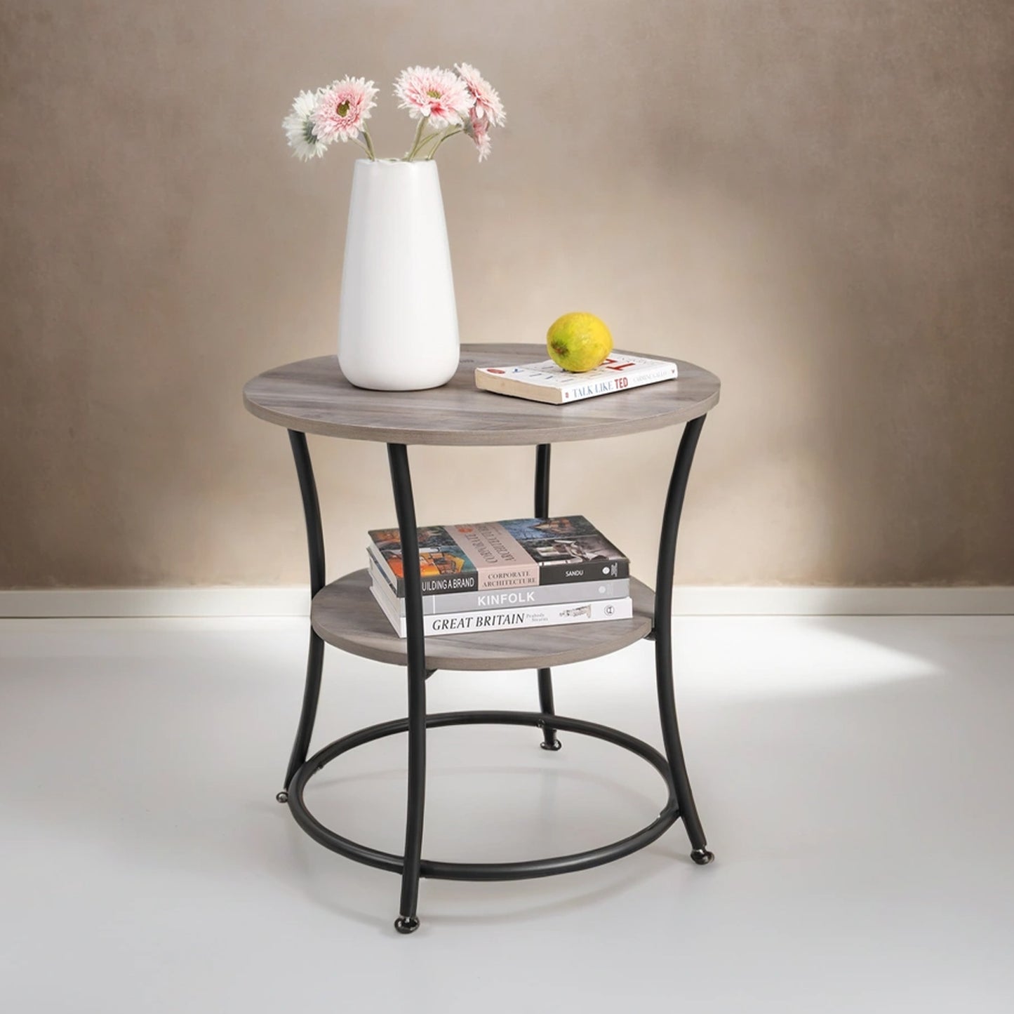 Round Side Table with Storage - 2-Tier Design, Steel Frame, 66lb Capacity, Space-Saving, Greige and Black