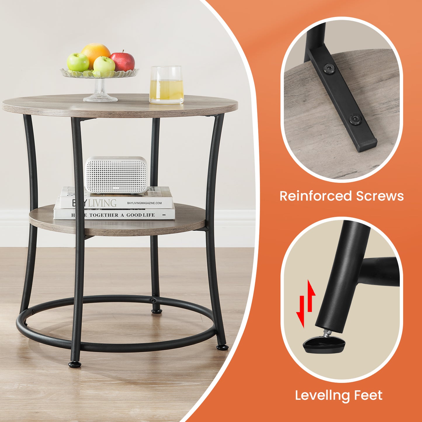 Round Side Table with Storage - 2-Tier Design, Steel Frame, 66lb Capacity, Space-Saving, Greige and Black