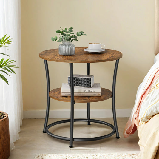 Round Side Table with Storage - 2-Tier Design, Steel Frame, 66lb Capacity, Space-Saving, Rustic Brown and Black