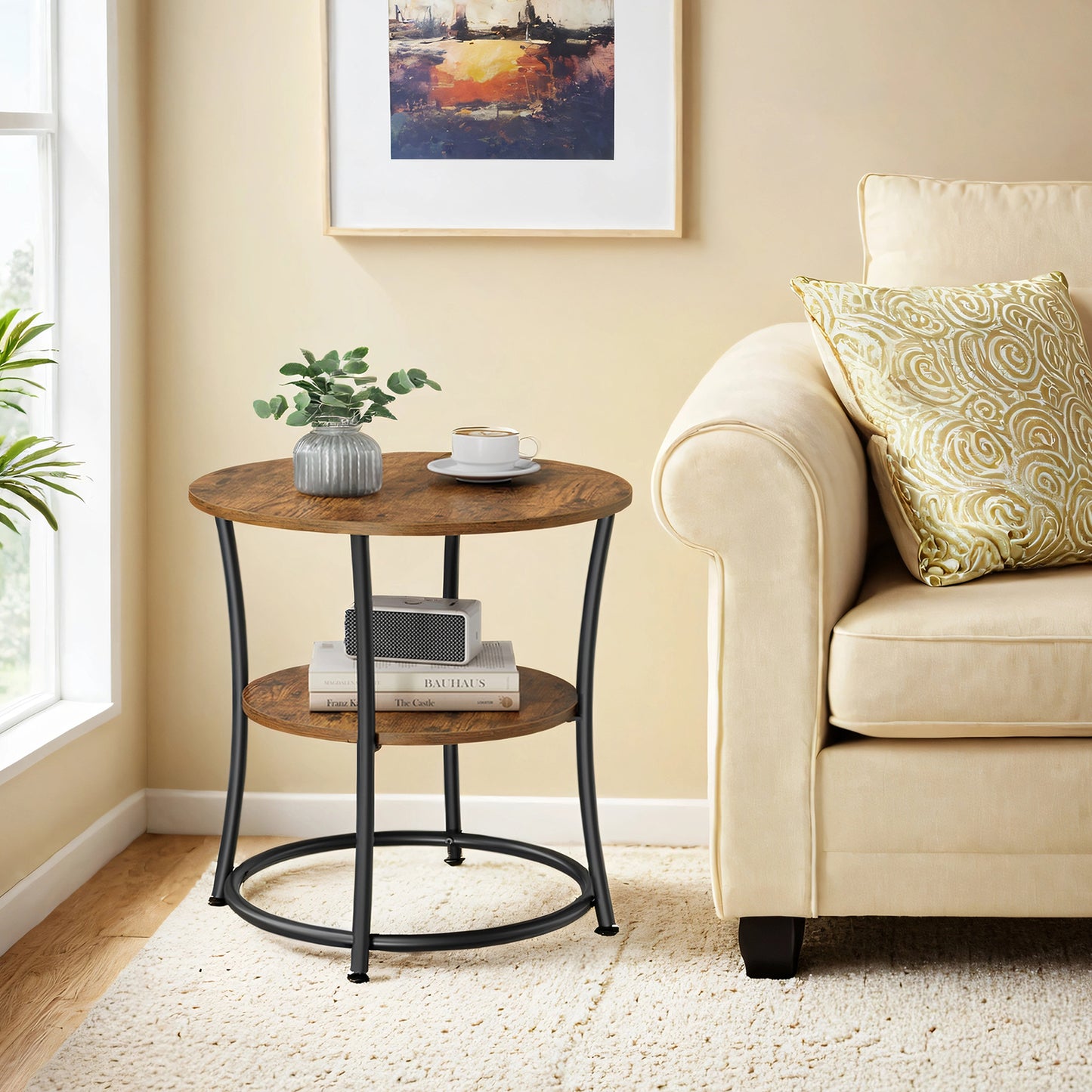 Round Side Table with Storage - 2-Tier Design, Steel Frame, 66lb Capacity, Space-Saving, Rustic Brown and Black