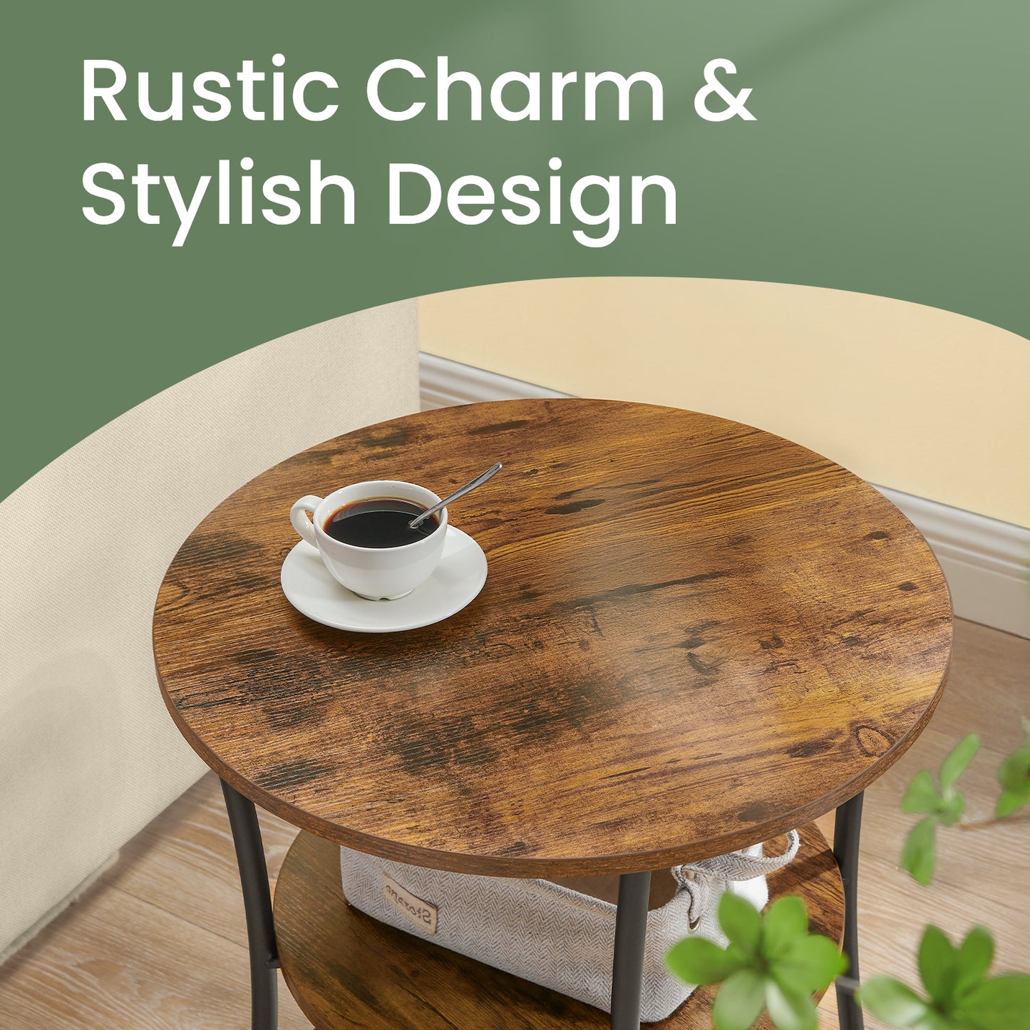 Round Side Table with Storage - 2-Tier Design, Steel Frame, 66lb Capacity, Space-Saving, Rustic Brown and Black