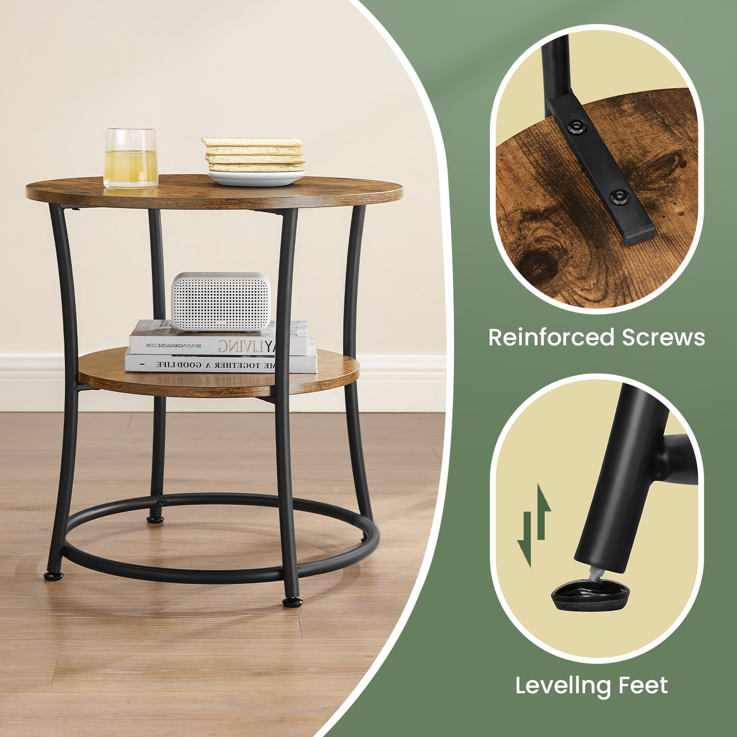Round Side Table with Storage - 2-Tier Design, Steel Frame, 66lb Capacity, Space-Saving, Rustic Brown and Black