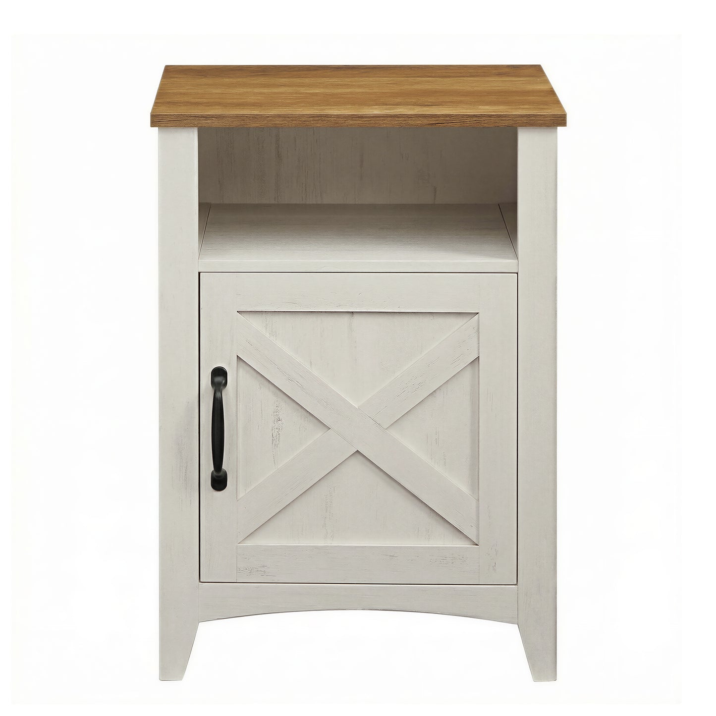 Farmhouse Nightstand with Sliding Barn Door, Bedside Table with Storage Cabinet and Open Compartment, Rustic White and Honey Brown