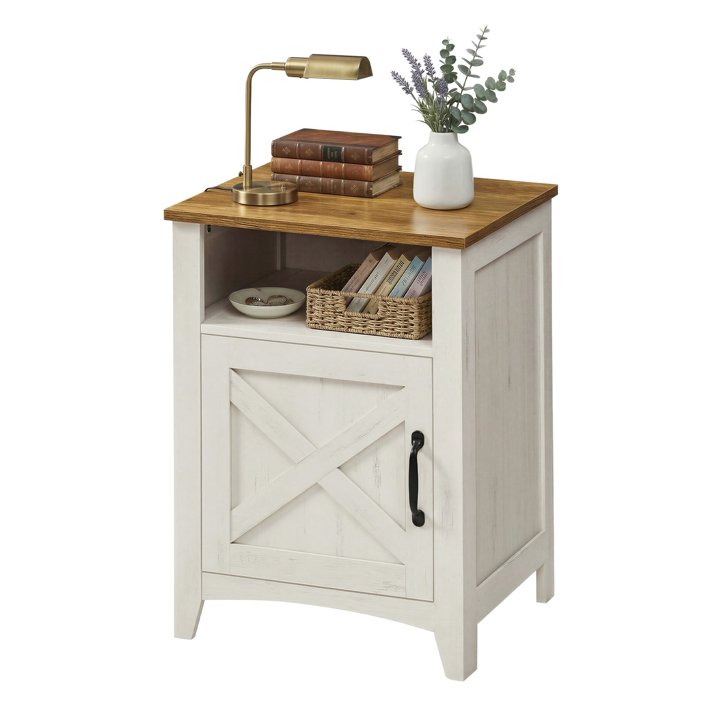 Farmhouse Nightstand with Sliding Barn Door, Bedside Table with Storage Cabinet and Open Compartment, Rustic White and Honey Brown