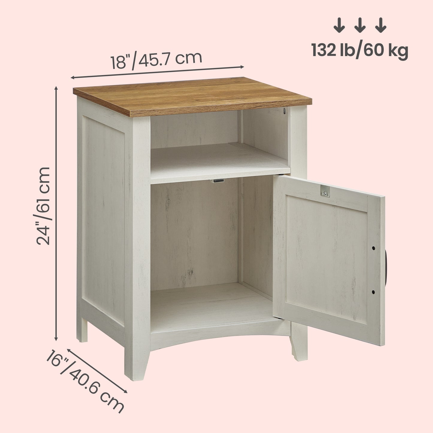 Farmhouse Nightstand with Sliding Barn Door, Bedside Table with Storage Cabinet and Open Compartment, Rustic White and Honey Brown