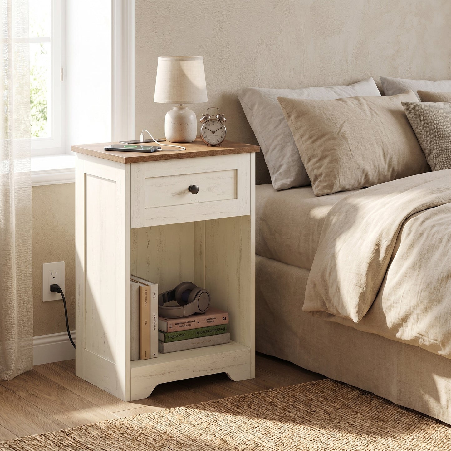 Traditional Basic Nightstand with Charging Station, Drawer and Open Shelf, 15.7 x 11.8 x 23.2 Inches, White