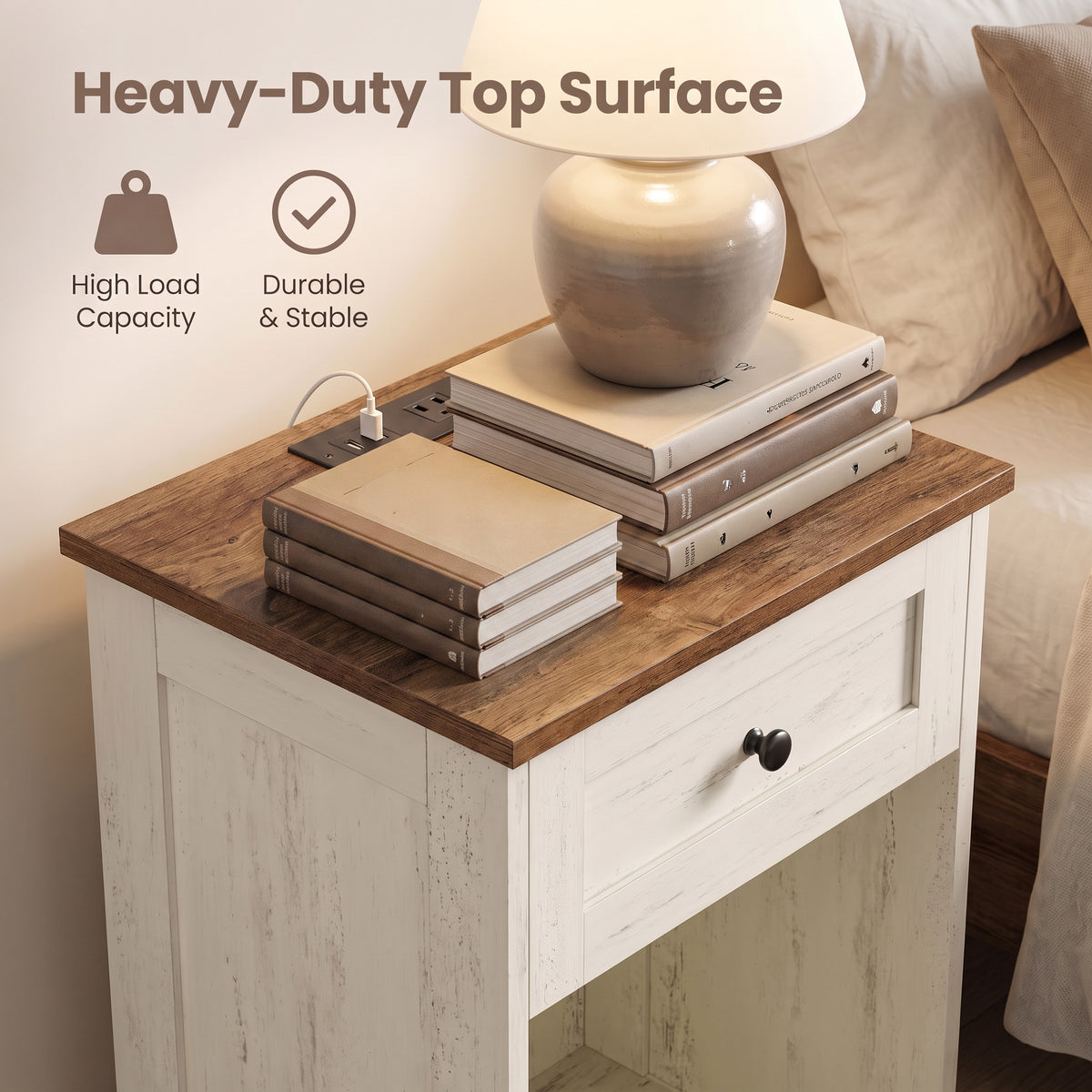 Traditional Basic Nightstand with Charging Station, Drawer and Open Shelf, 15.7 x 11.8 x 23.2 Inches, White