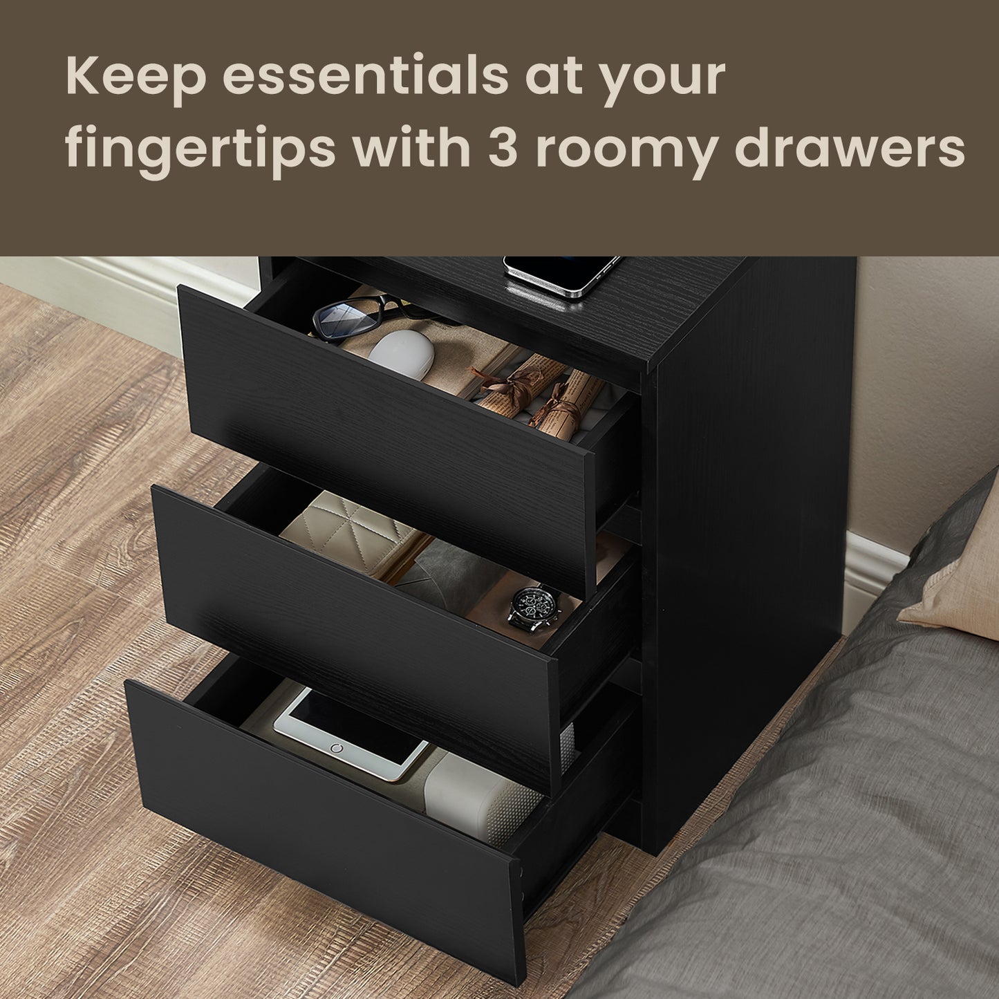 Nightstand with Built-In Charging Station, 3 Drawers Bedside Table with 2 AC Outlets and 2 USB Ports, Modern Side Table, Ebony Black