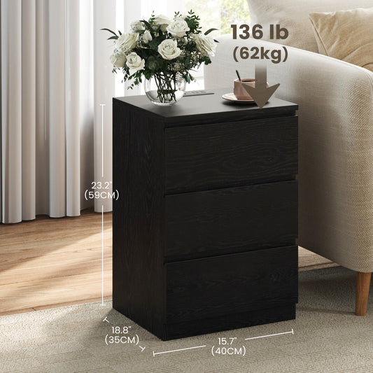 Nightstand with Built-In Charging Station, 3 Drawers Bedside Table with 2 AC Outlets and 2 USB Ports, Modern Side Table, Ebony Black