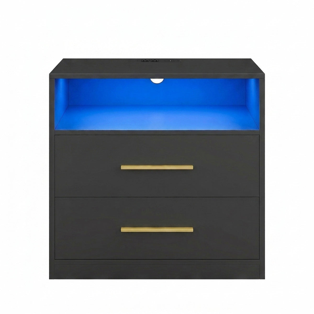 LEDREM Nightstand with Charging Station and LED Lights, 2 Storage Drawers, 23.6 x 13.8 x 24.1 Inches, Ink Black
