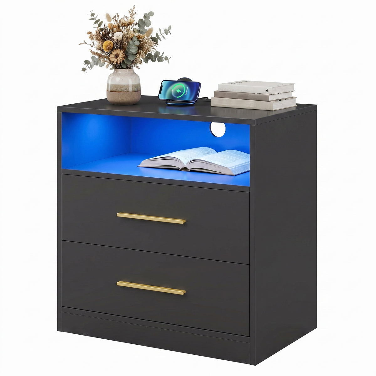 LEDREM Nightstand with Charging Station and LED Lights, 2 Storage Drawers, 23.6 x 13.8 x 24.1 Inches, Ink Black
